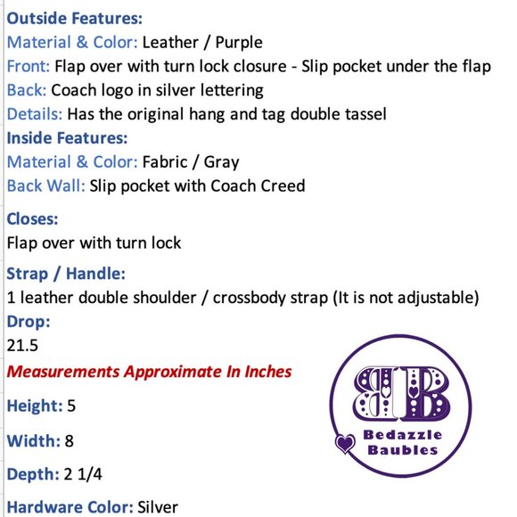 COACH Legacy Penny Ultra Violet Leather #19914 Crossbody Hang Tag and Tassel - Picture 11 of 11